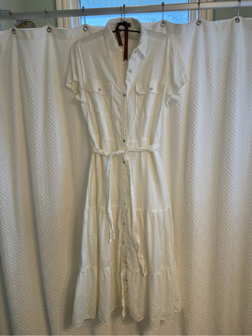 Elie Tahari White Tiered Button-Front Maxi Shirt Dress with Waist Tie